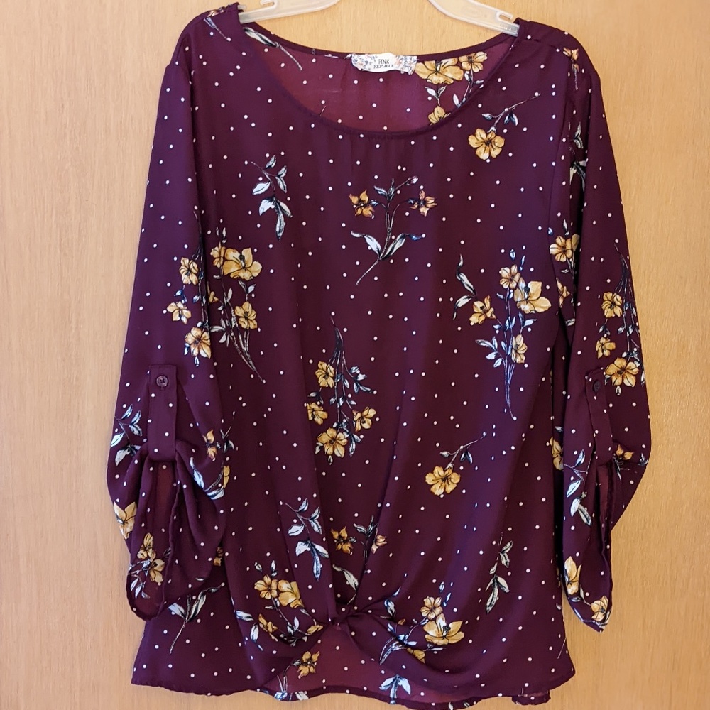 Pink Republic Plum Color Sheer Roll Tab Sleeve Blouse